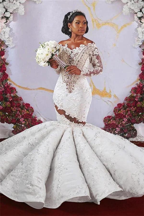 Gorgeous Off-the-Shoulder Long Sleeves Mermaid Ruffless Appliqued Beading Wedding Dress (ZD13871)