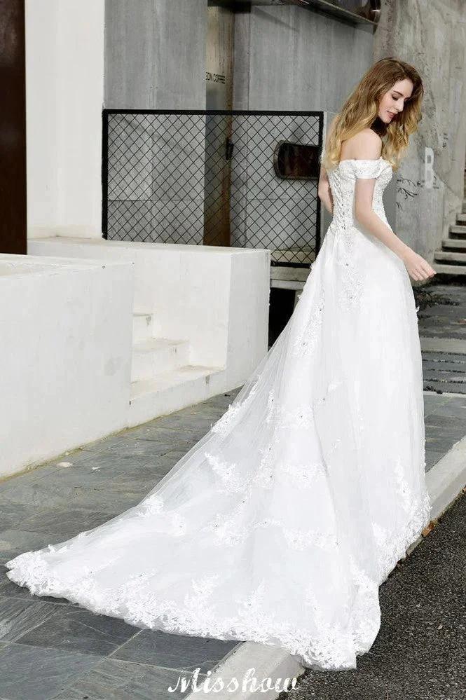 Gorgeous Off the Shoulder White aline Bridal Gown Garden Lace Appliques Wedding Dress (ZD13961)