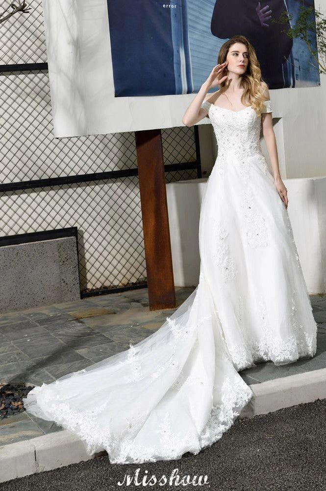 Gorgeous Off the Shoulder White aline Bridal Gown Garden Lace Appliques Wedding Dress (ZD13961)