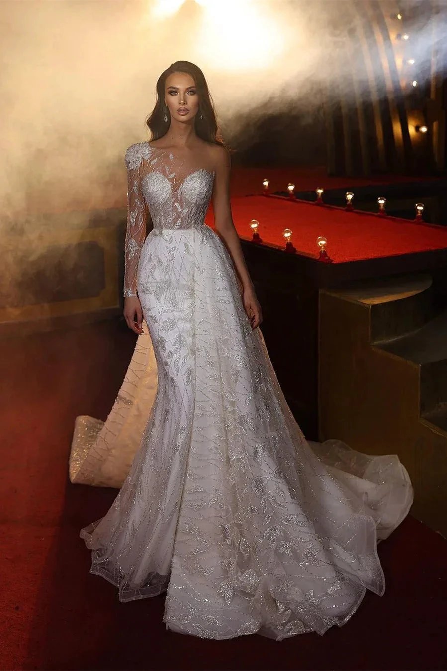 Gorgeous One Shoulder Long Sleeve Mermaid Wedding Dress With Lace (ZD14620) - VelvetHem