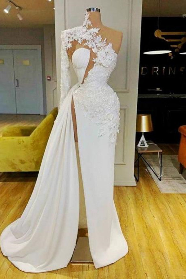 Gorgeous One-Shoulder Long Sleeve Prom Dress With Lace Appliques Side Slit