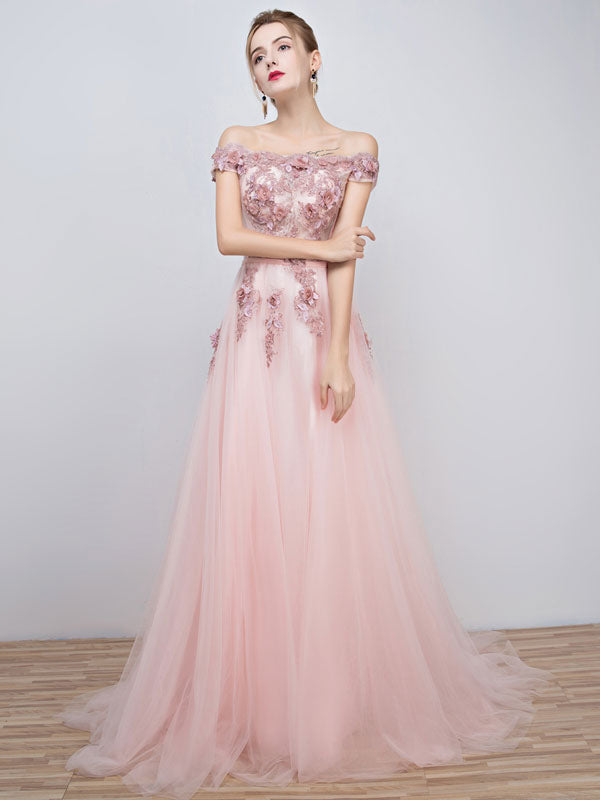Gorgeous Pink Evening Dresses Long Tulle Off-the-Shoulder evening dress Lace Applique Beading Flower Occasion Dress With Train