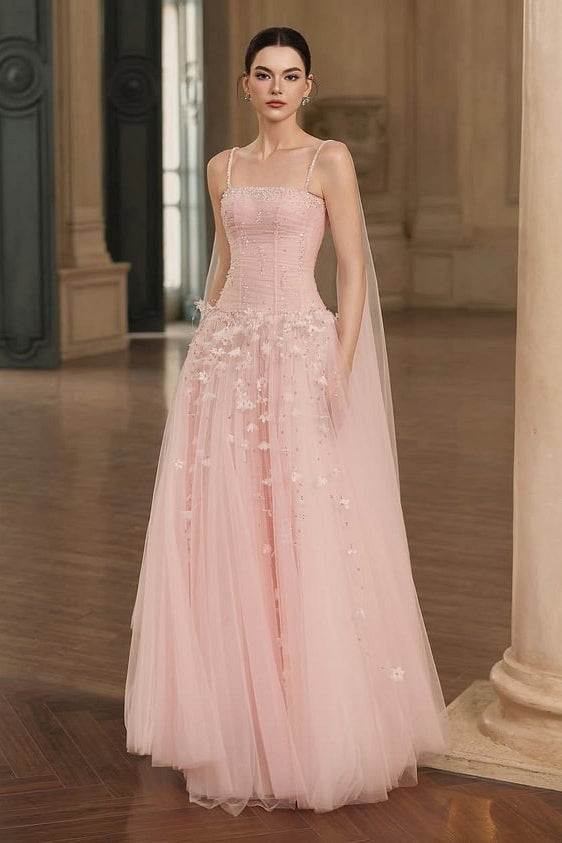 Gorgeous Pink Spaghetti-Straps Tulle Prom Dresses A-Line Ribbon Sleeveless With Beads Flower