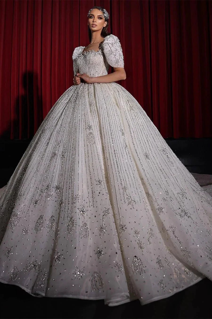 Gorgeous Princess A-line Beading Short Sleeves Wedding Dress With Lace (ZD14524)