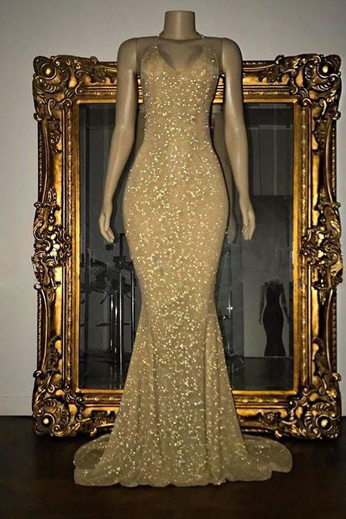 Gorgeous Sequined Mermaid Spaghetti-strap Long Sleevesless Prom Party Gowns