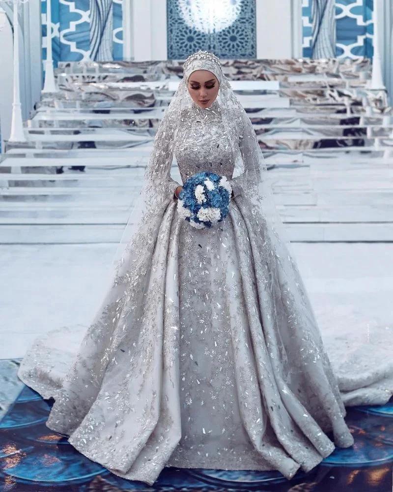 Gorgeous Sequins Bridal Gown Long Sleeves Highneck Sweep Train (ZD16596)