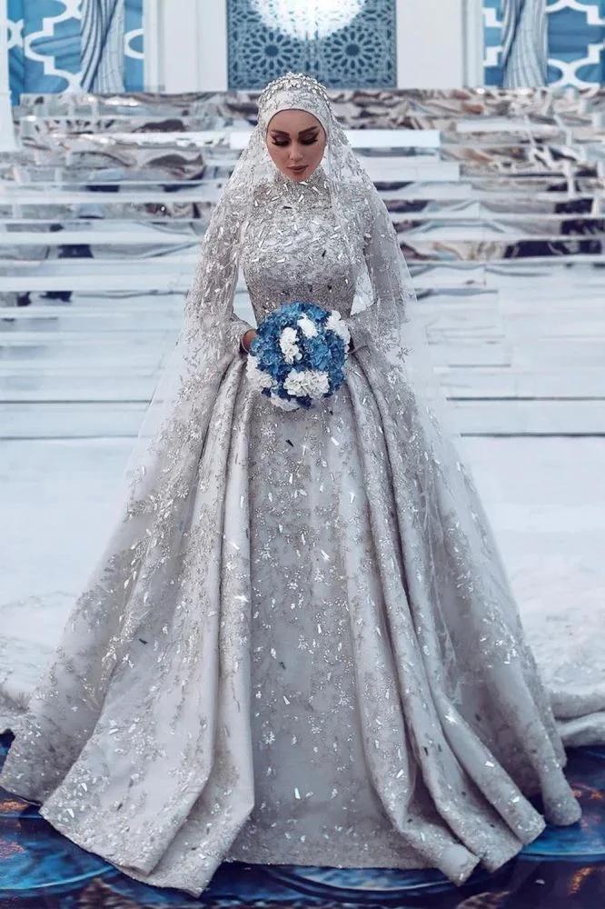 Gorgeous Sequins Bridal Gown Long Sleeves Highneck Sweep Train (ZD16596)