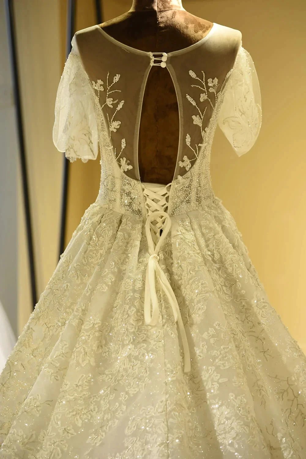 Gorgeous Short Sleeve Lace Tulle Princess Ivory Wedding Dress (ZD13899)