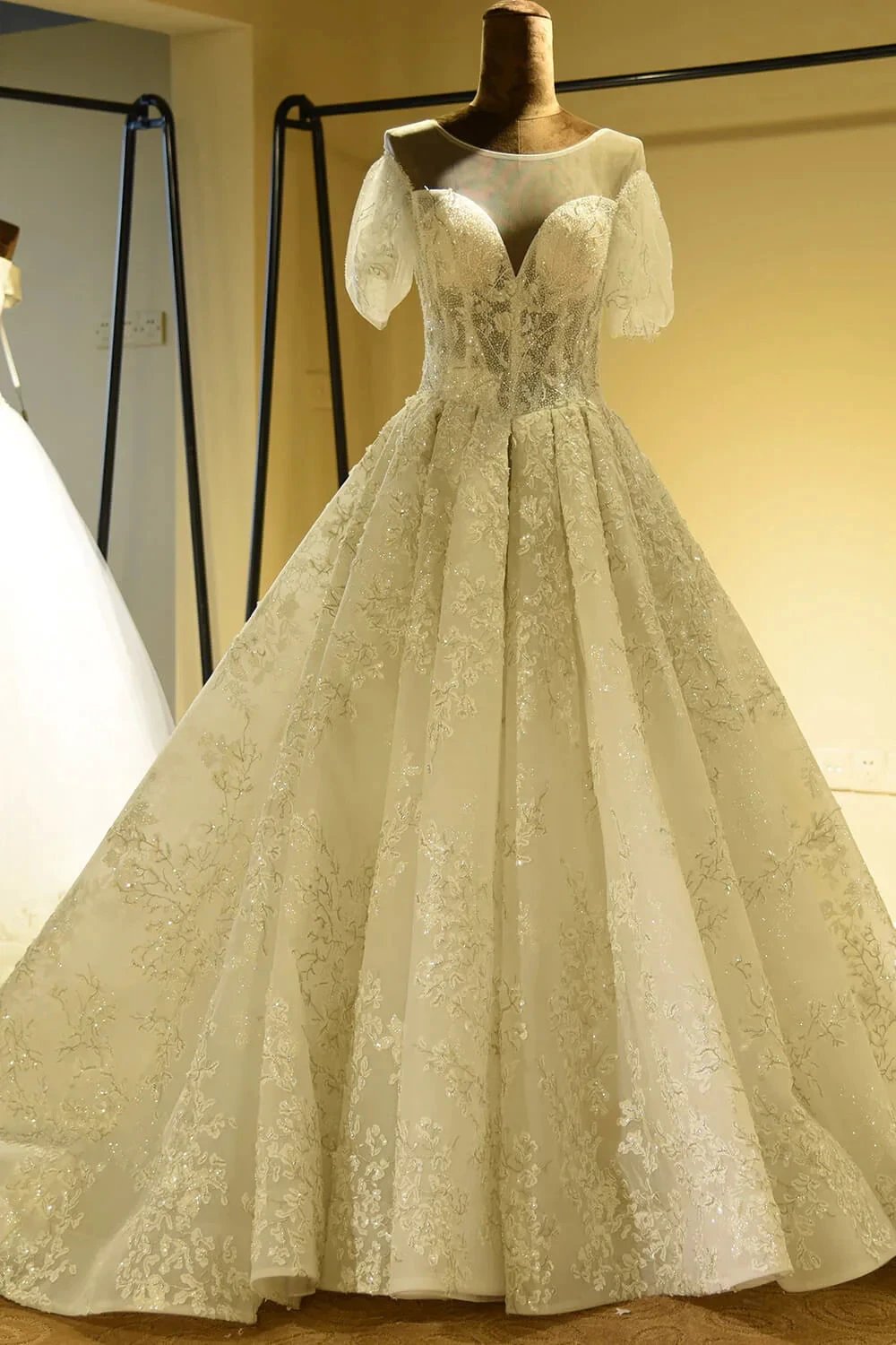 Gorgeous Short Sleeve Lace Tulle Princess Ivory Wedding Dress by misshow.com