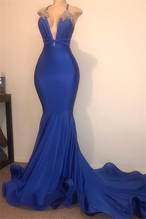 Gorgeous Spaghetti Straps Beads Appliques Prom Dresses Elegant Alluring Chic V-Neck Fit and Flare Evening Gowns