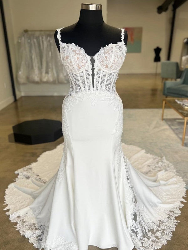Satin Backless Sweetheart Mermaid Wedding Dress With Lace Train