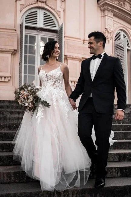 Gorgeous Spaghetti Straps Sleeveless A-Line Tulle Wedding Dresses with Pattern (ZD14653)