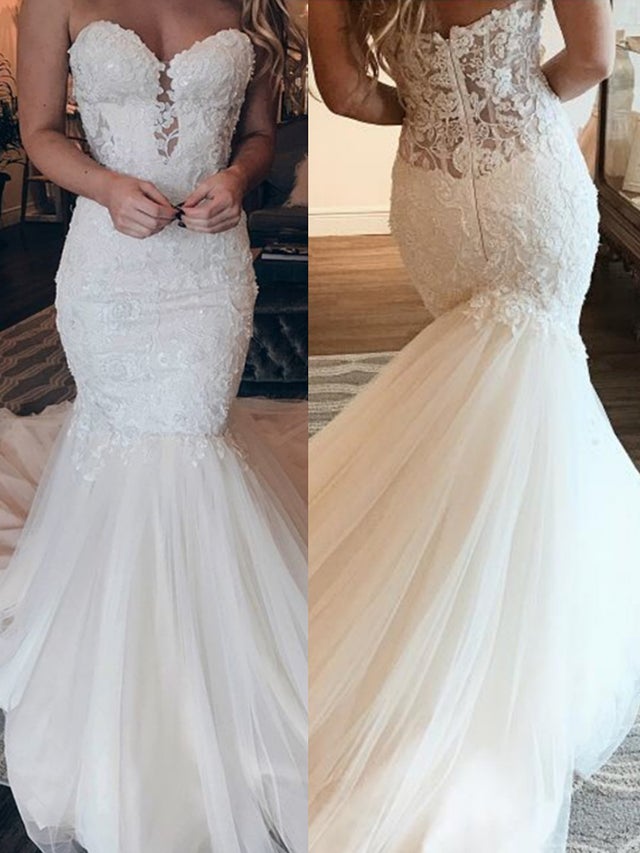 Gorgeous Sweetheart Lace Wedding Dress Mermaid Tulle Skirt (ZD17526)