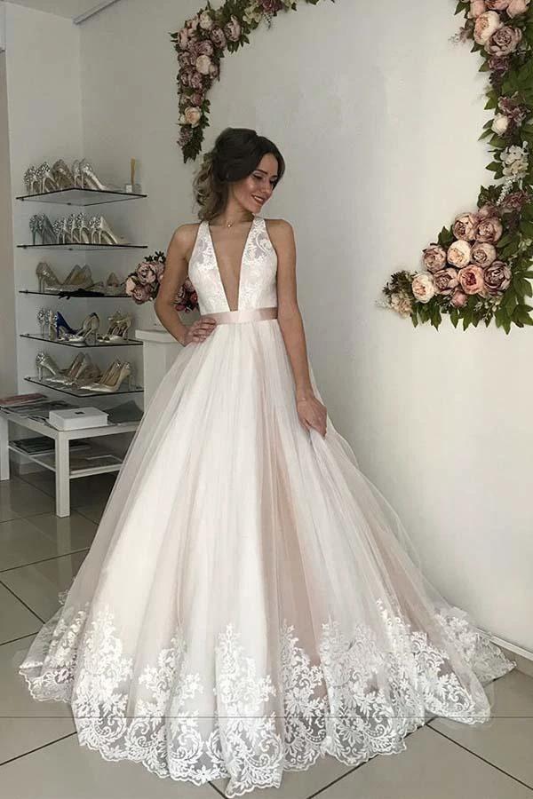 Gorgeous V-Neck Sleeveless Tulle Wedding Dresses  Bridal Gowns (ZD15396)
