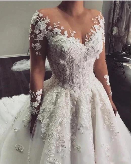 Gorgeous White 3D Floral Lace Wedding Dress Jewel Neck Tulle Aline Bridal Dress with Long Sleeves (ZD16469)