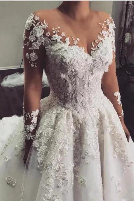 Gorgeous White 3D Floral Lace Wedding Dress Jewel Neck Tulle Aline Bridal Dress with Long Sleeves (ZD16469)