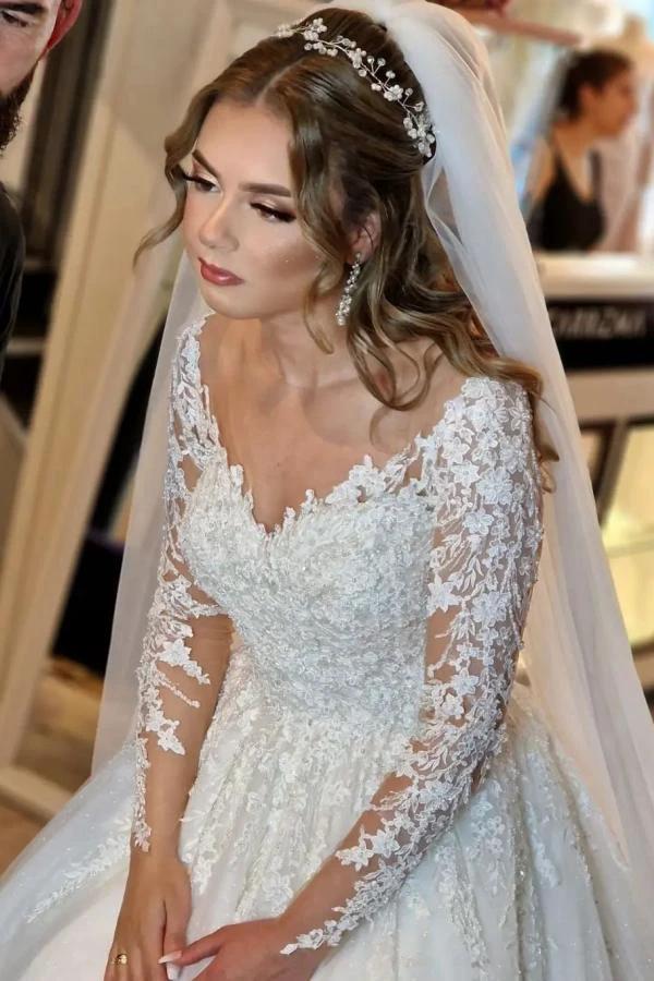 Gorgeous White Long A-line V-neck Lace Wedding Dress with Sleeves (ZD14360)