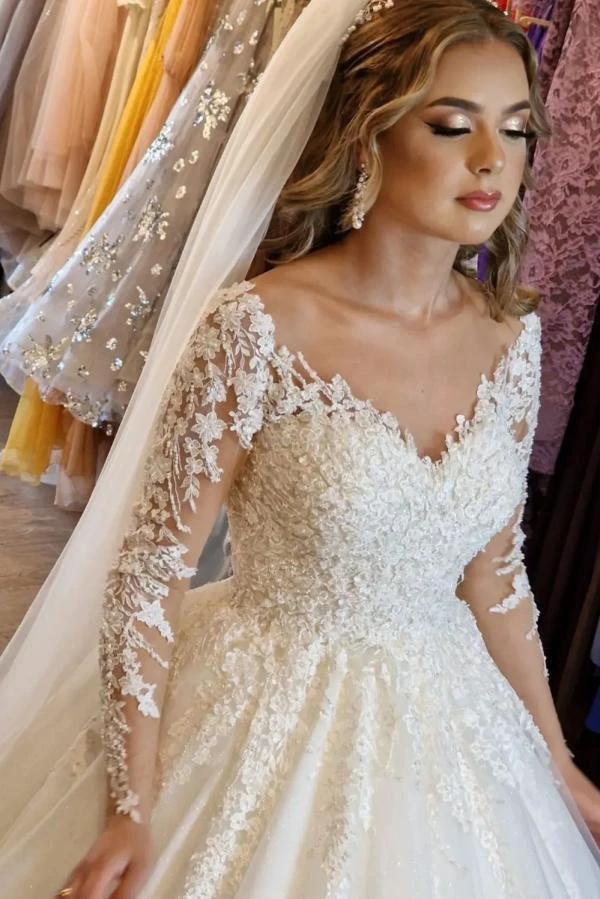 Gorgeous White Long A-line V-neck Lace Wedding Dress with Sleeves (ZD14360)