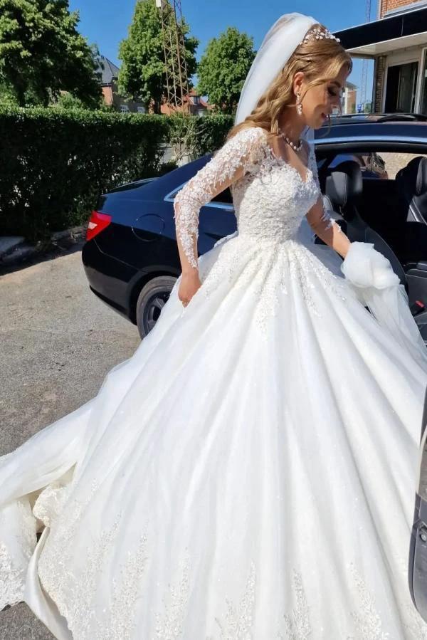 Gorgeous White Long A-line V-neck Lace Wedding Dress with Sleeves (ZD14360) - VelvetHem