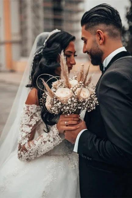 Gorgeous White Long Sleeves Lace Ball Gown Aline Floral Tulle Wedding Dresses (ZD13897)