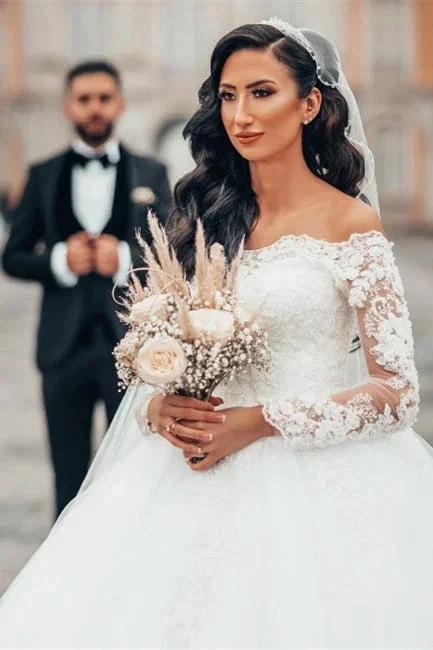 Gorgeous White Long Sleeves Lace Ball Gown Aline Floral Tulle Wedding Dresses (ZD13897)