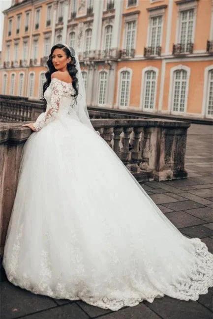 Gorgeous White Long Sleeves Lace Ball Gown Aline Floral Tulle Wedding Dresses (ZD13897)