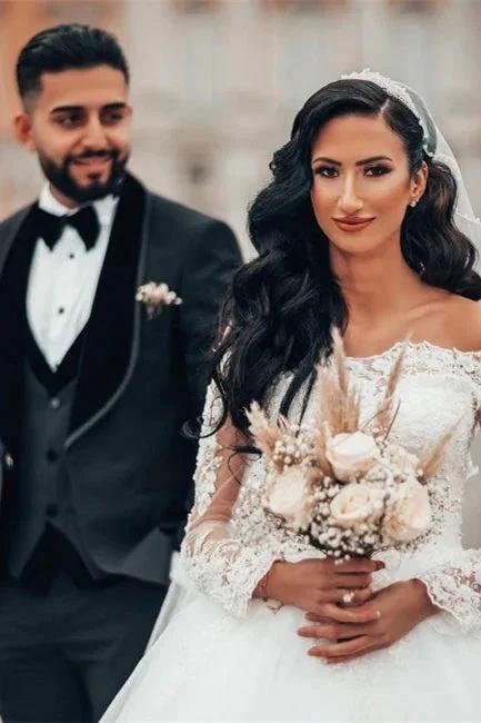 Gorgeous White Long Sleeves Lace Ball Gown Aline Floral Tulle Wedding Dresses (ZD13897)