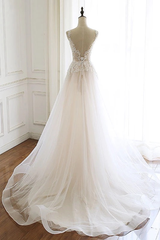 Gorgeous White Tulle Lace Long Wedding Dress Sleeveless Custom Size Bridal Gowns On Sale (ZD17432)
