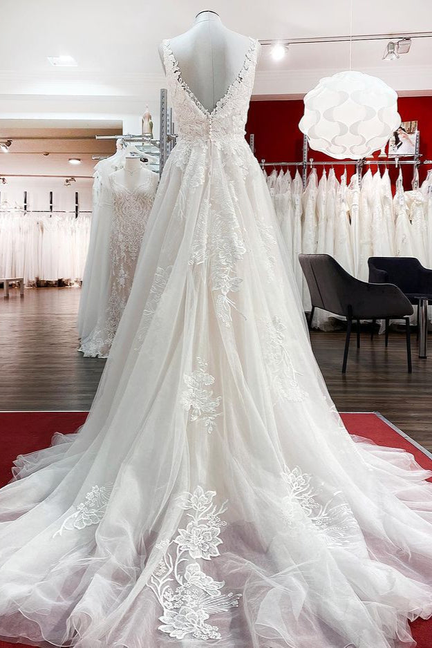 Graceful Ivory Tulle V Neck Lace Ruffles A-Line Wedding Dresses (ZD17498)