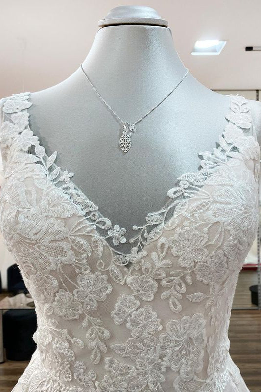 Graceful Ivory Tulle V Neck Lace Ruffles A-Line Wedding Dresses (ZD17498)