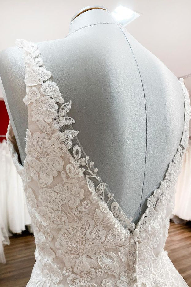 Graceful Ivory Tulle V Neck Lace Ruffles A-Line Wedding Dresses (ZD17498)