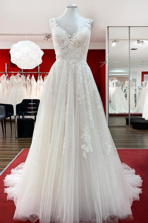 Graceful Ivory Tulle V Neck Lace Ruffles A-Line Wedding Dresses (ZD17498)