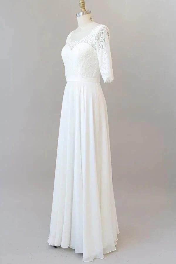Graceful Long A-line Lace Chiffon Wedding Dress with Sleeves (ZD14385)