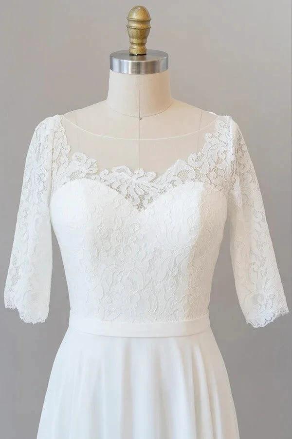 Graceful Long A-line Lace Chiffon Wedding Dress with Sleeves (ZD14385)