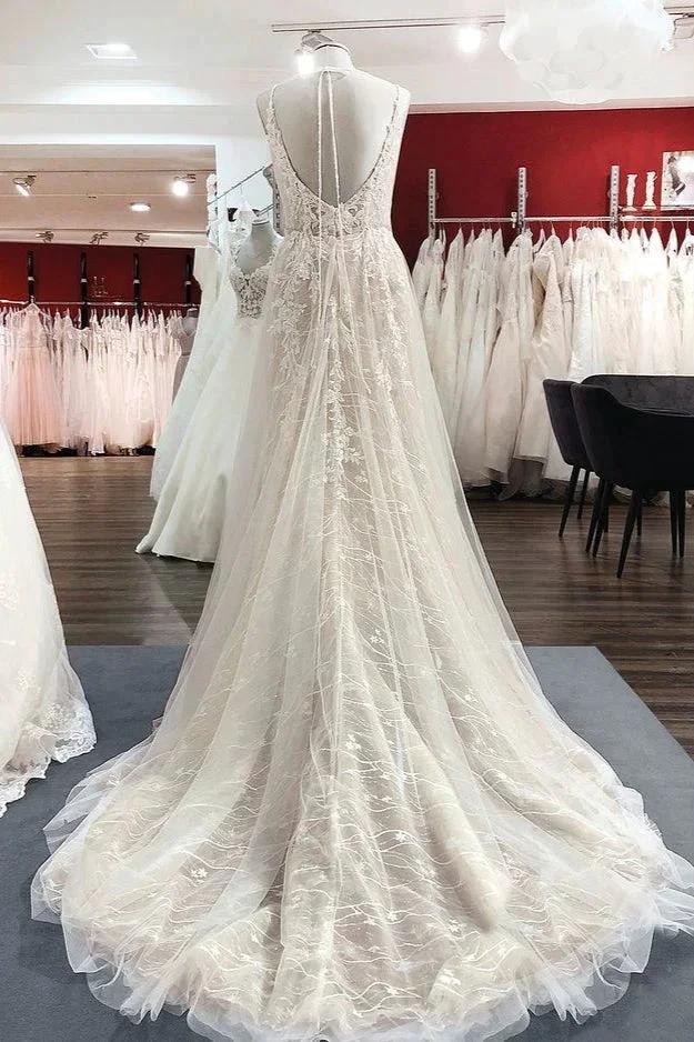 Graceful Long A-line Tulle V-neck Lace Backless Wedding Dresses (ZD14449)