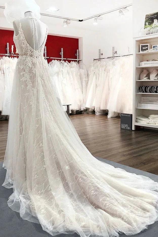 Graceful Long A-line Tulle V-neck Lace Backless Wedding Dresses (ZD14449)