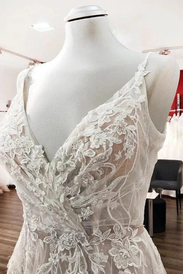 Graceful Long A-line Tulle V-neck Lace Backless Wedding Dresses (ZD14449)