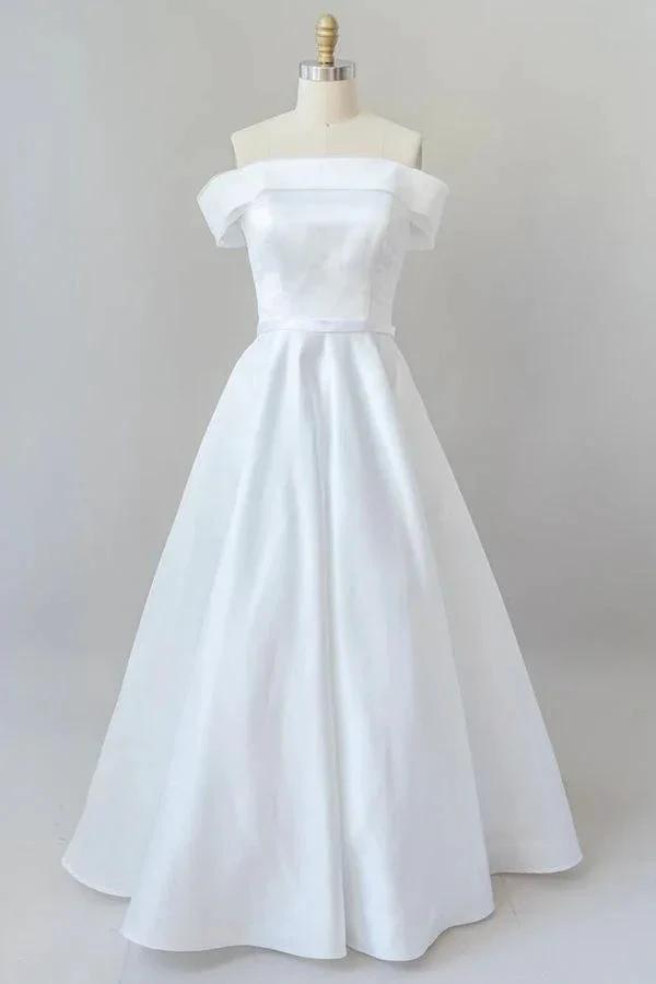 Graceful Long Ball Gown Off Shoulder Satin Wedding Dress (ZD14378)