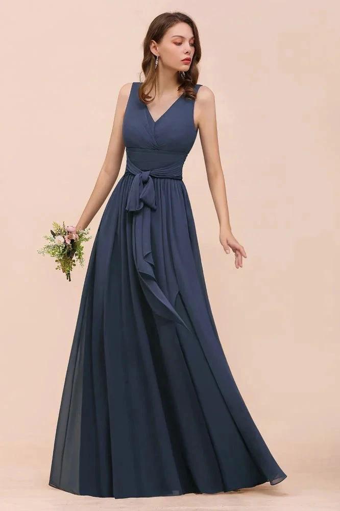 Gray Side Split Bridesmaid Dress V-Neck Sleeveless Floor Length dress for Bride (ZD13019)