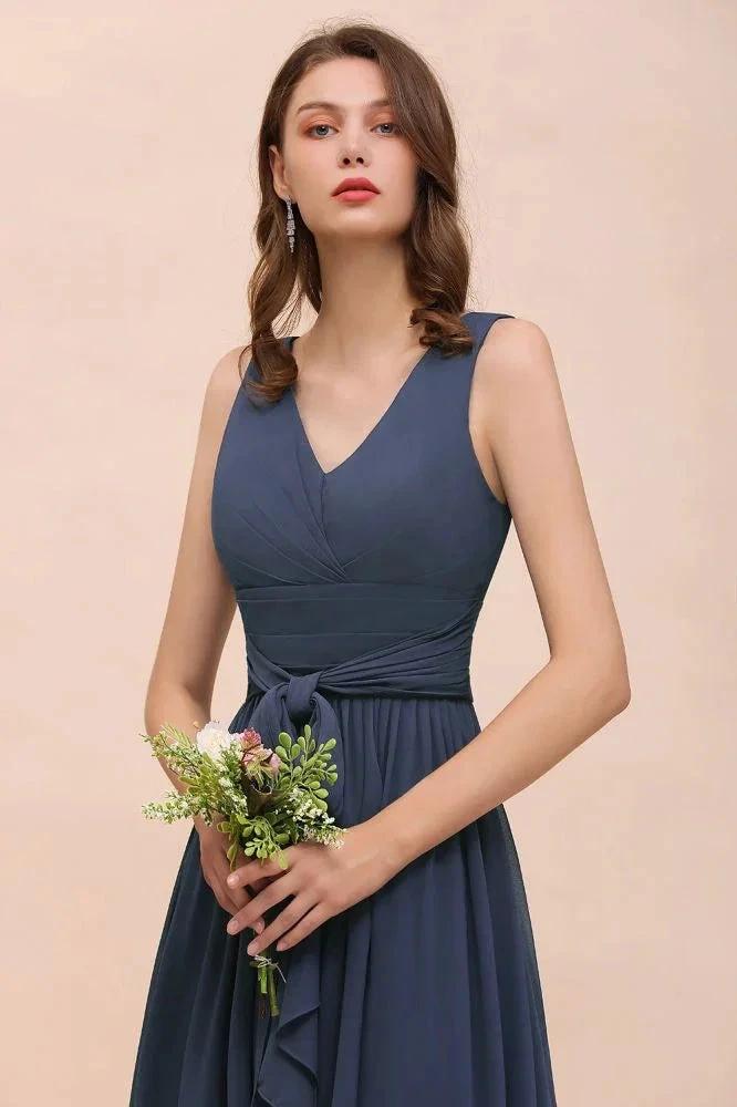Gray Side Split Bridesmaid Dress V-Neck Sleeveless Floor Length dress for Bride (ZD13019)
