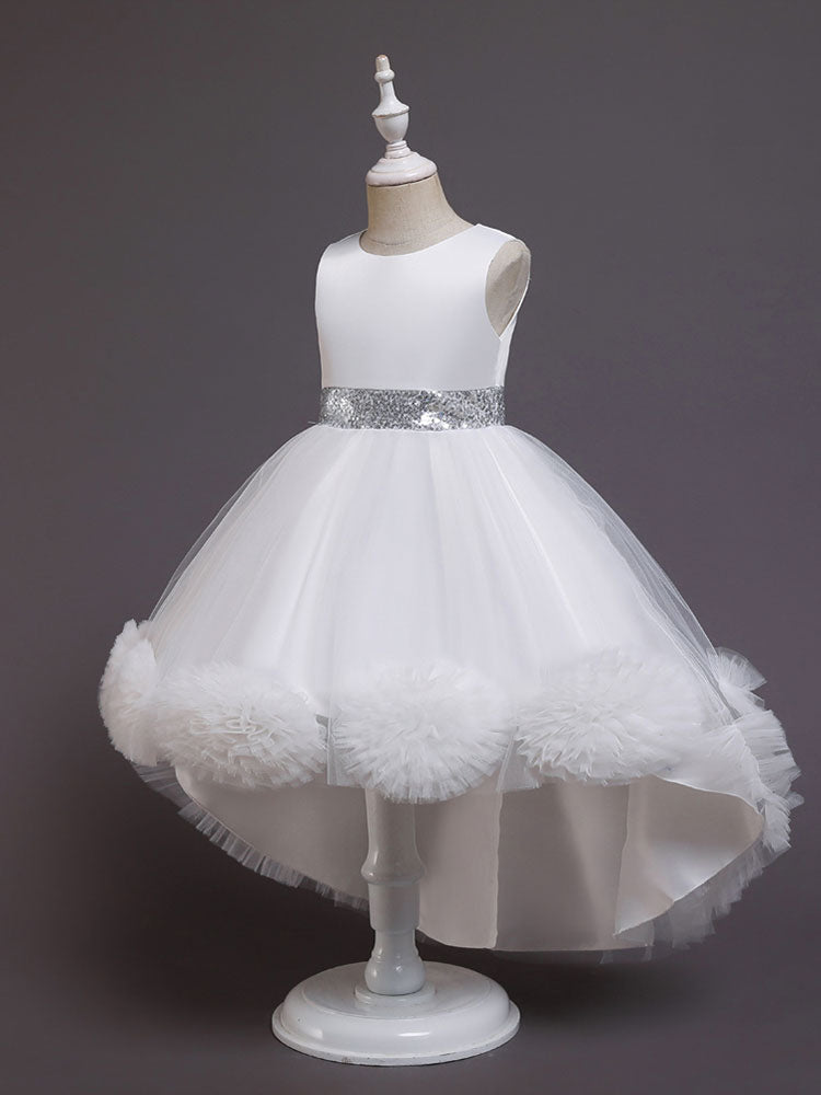 Green Jewel Neck Sleeveless Bows Tulle Cotton Sequined Kids Party Dresses