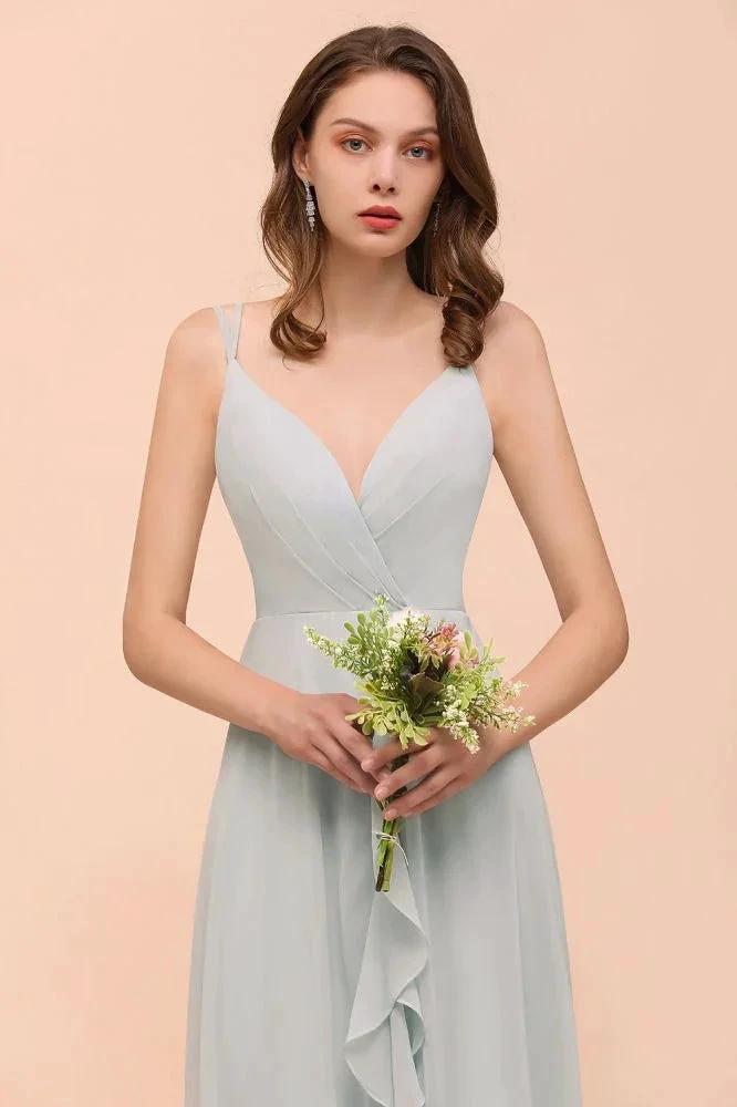 Grey Bridesmaid Dress Spaghetti V-Neck Ruffle Beach Wedding Party Dress (ZD12991)