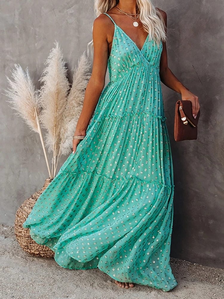 Camille Boutique Green V Neck Maxi Beach Dress Evening Wear Edit