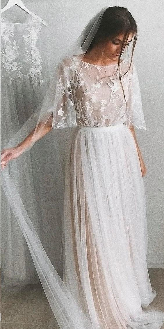 Half Sleeve Wedding Dresses A-line  Elegant Simple Romantic Lace Bridal Gown (ZD16014)