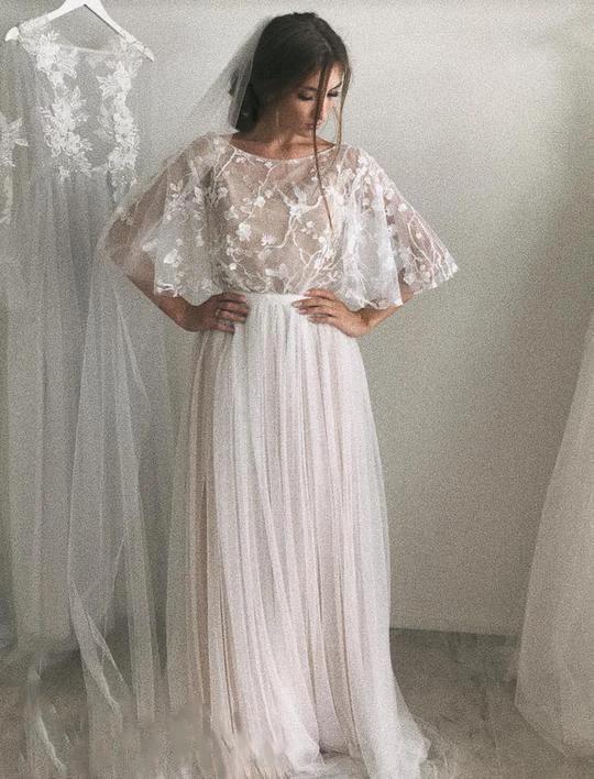 Half Sleeve Wedding Dresses A-line  Elegant Simple Romantic Lace Bridal Gown (ZD16014)