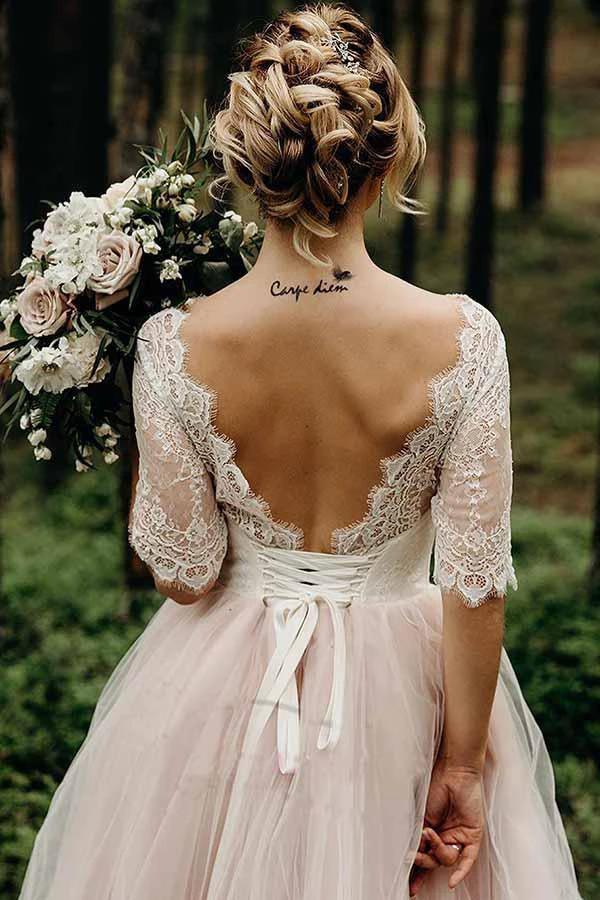 Half Sleeves Pink Backless Lace Up Floor Length Wedding Dress (ZD15363)