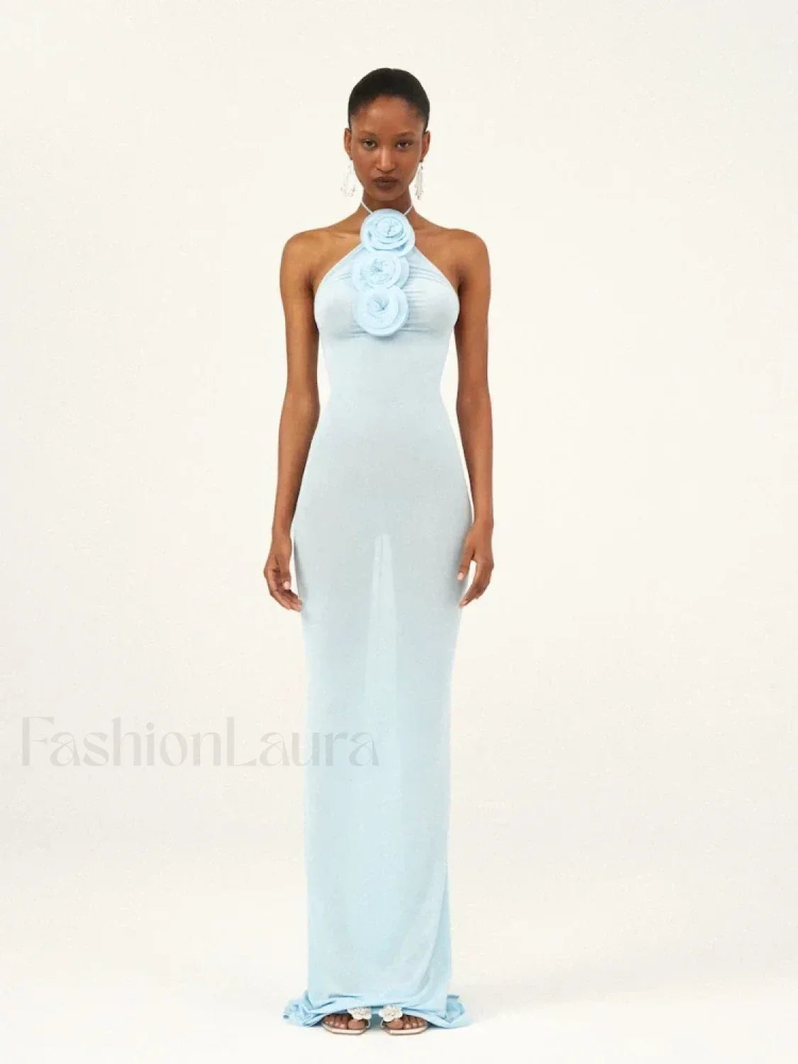 Halter 3D Flower Bodycon Maxi Dress