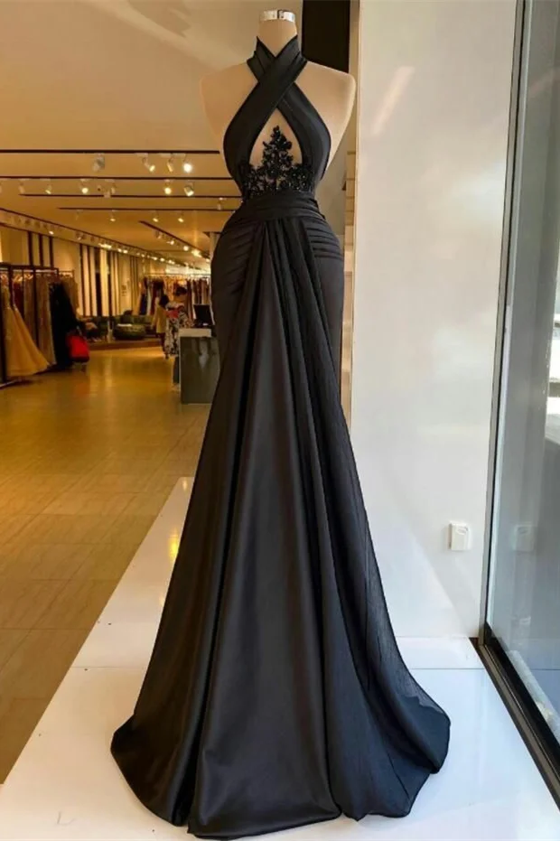 Halter Black Keyhole A-Line Satin Floor-Length Prom Dresses