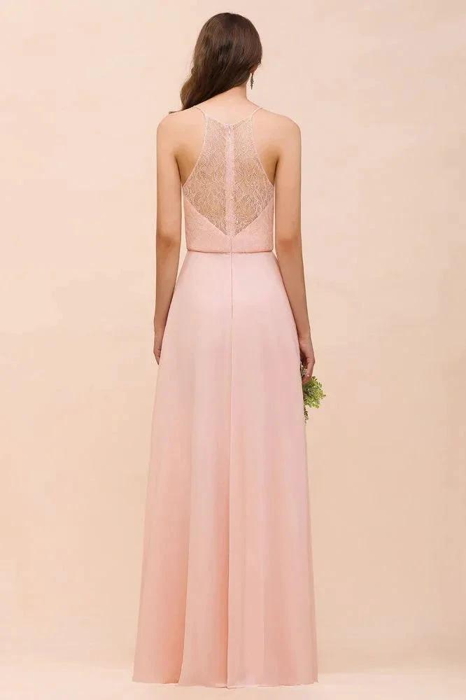 Halter Bridesmaid Dress Pink Floor Length Formal Event Dress (ZD12994)