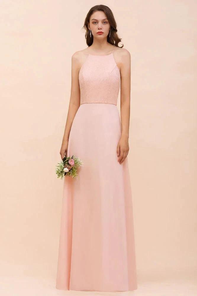 Halter Bridesmaid Dress Pink Floor Length Formal Event Dress (ZD12994)